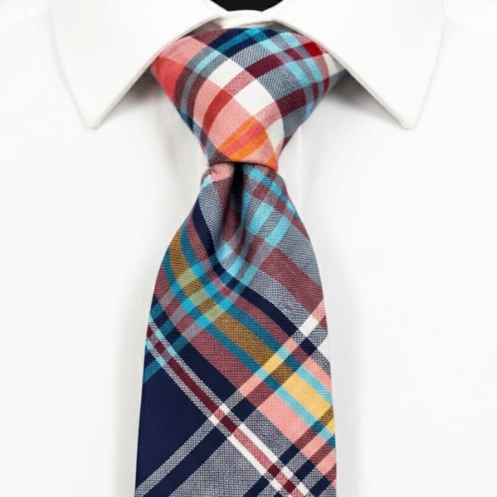 Express Linen Cotton Blend Tie Blue Pink Yellow Spring Colorful Tartan Plaid